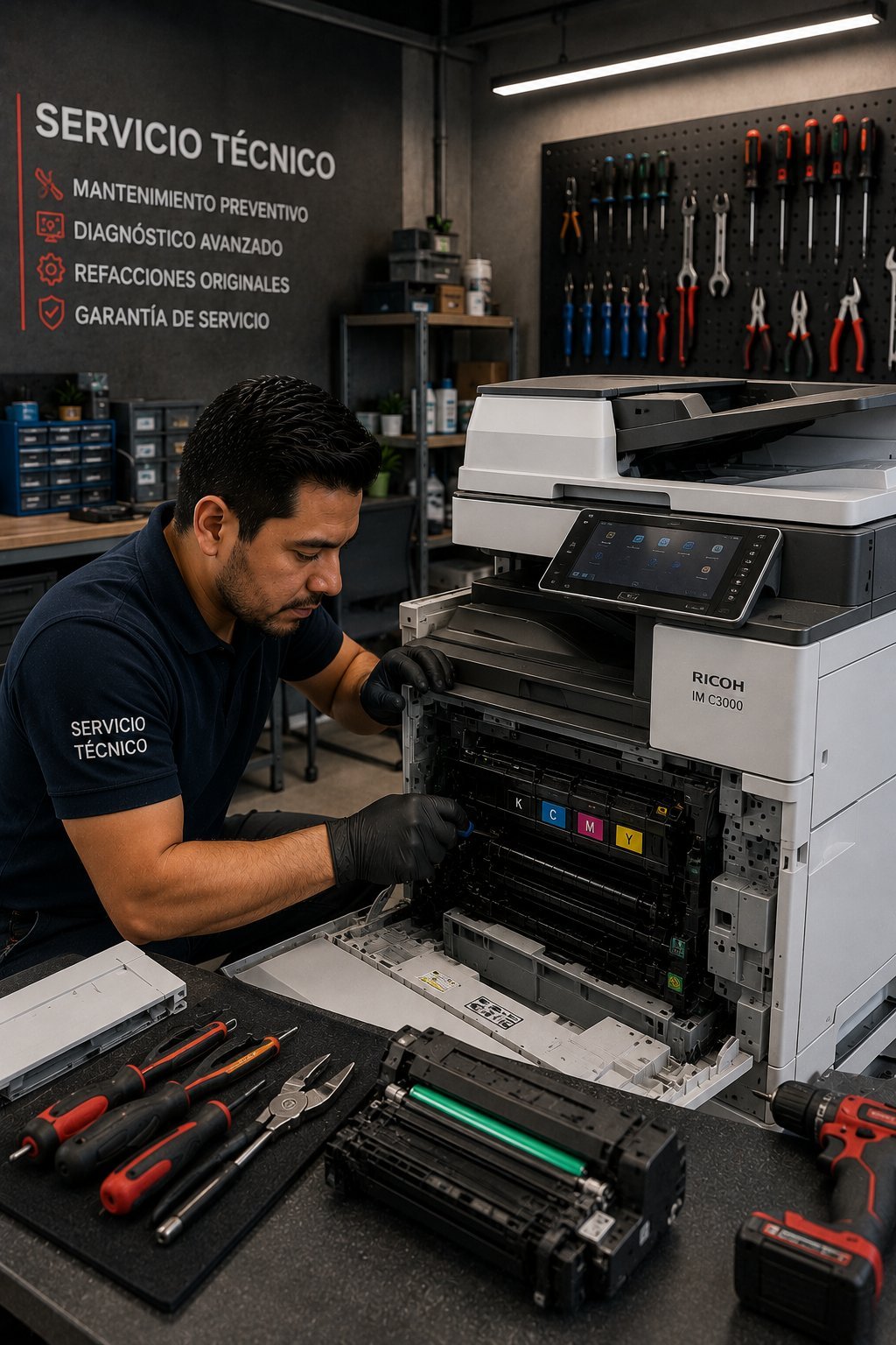 Technician servicing a Ricoh multifunction printer in a repair shop with tools and parts visible