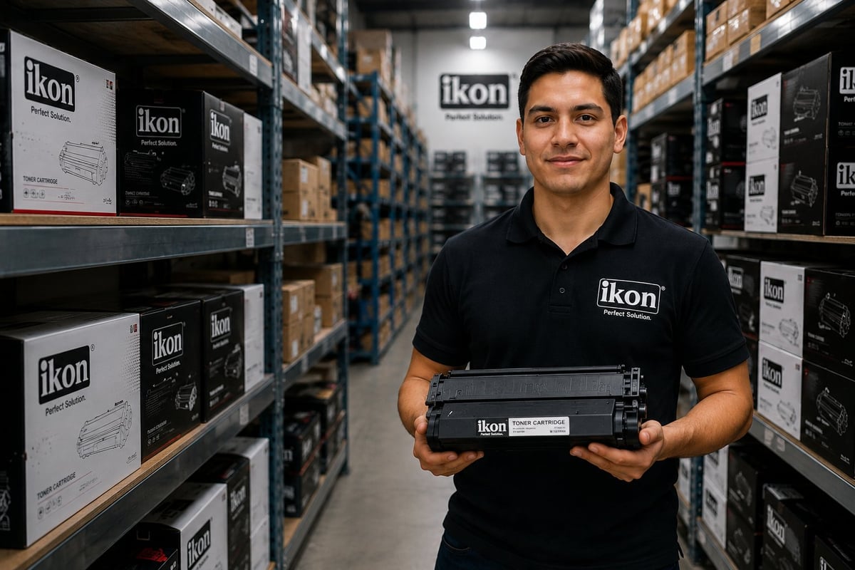 Man in black Ikon polo shirt holding a product in warehouse aisle with shelves of boxed inventory