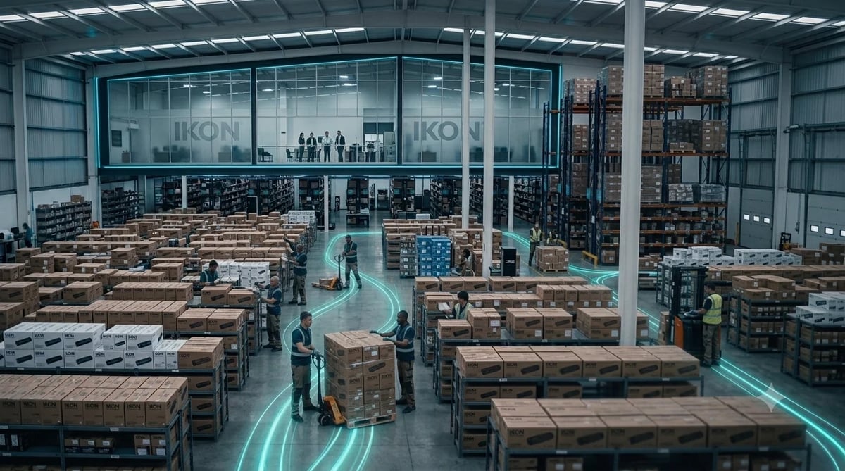 Modern warehouse interior with rows of cardboard boxes, green neon floor lines, industrial lighting, and glass-walled office area above