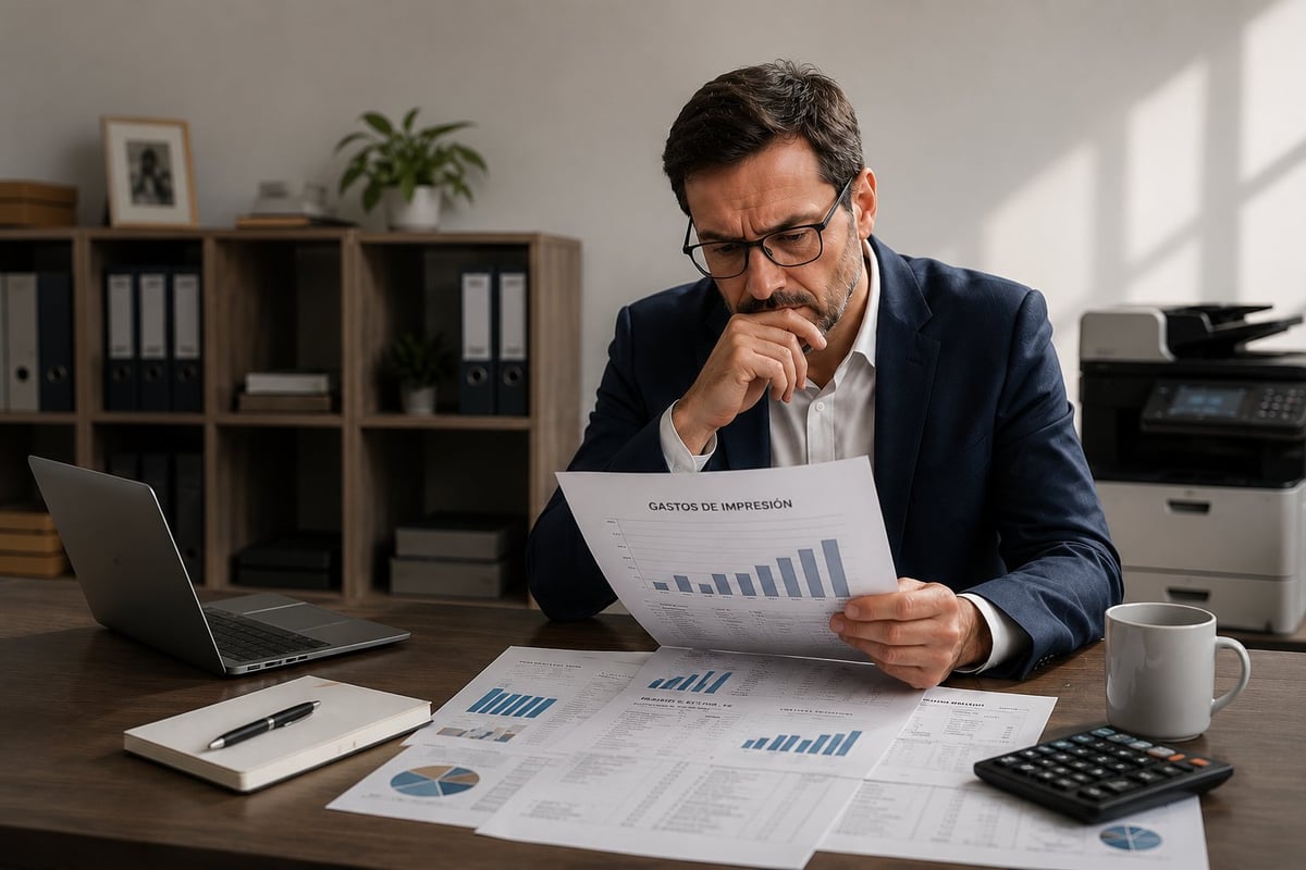 Businessman in glasses and blue blazer analyzing financial charts and reports at his desk with laptop and calculator