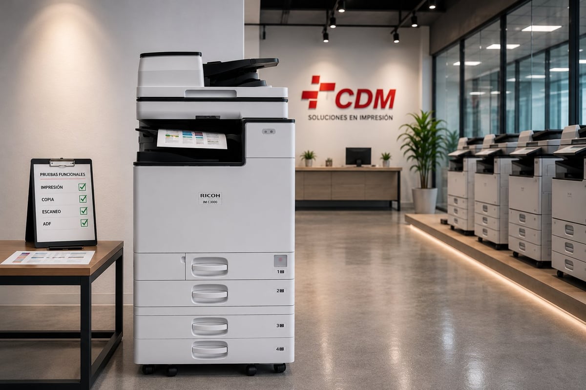 Modern office environment with a white and black multifunction printer in foreground and CDM branding visible on the wall in background, with additional printers and workstations