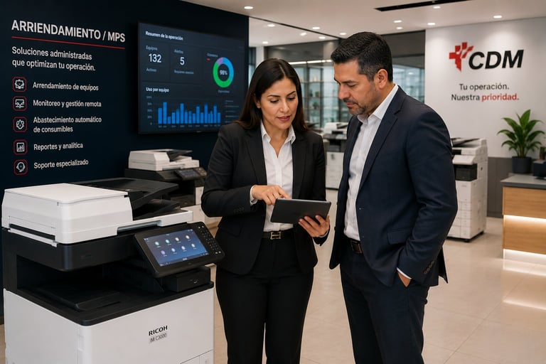 Two professionals in business attire reviewing a tablet in a modern office with multifunction printers and CDM branding visible