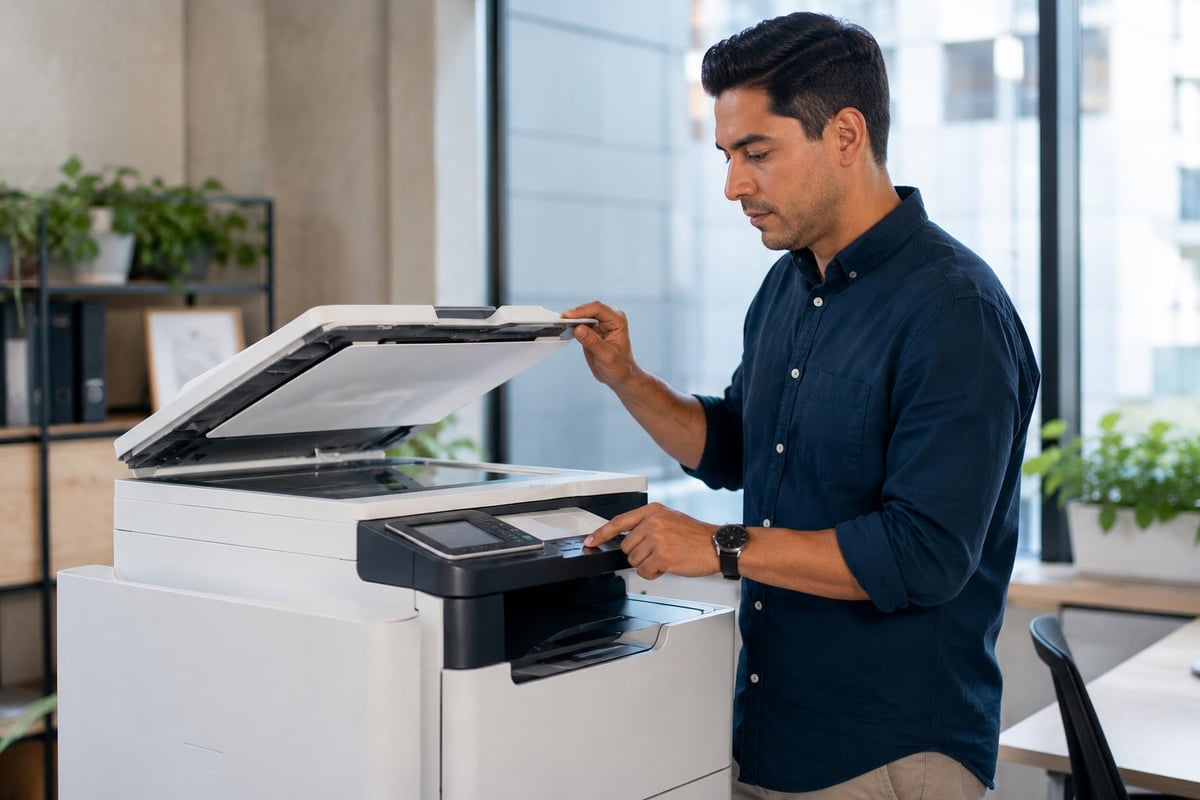 Man in dark shirt opening the lid of an office printer in a bright, modern workspace with plants