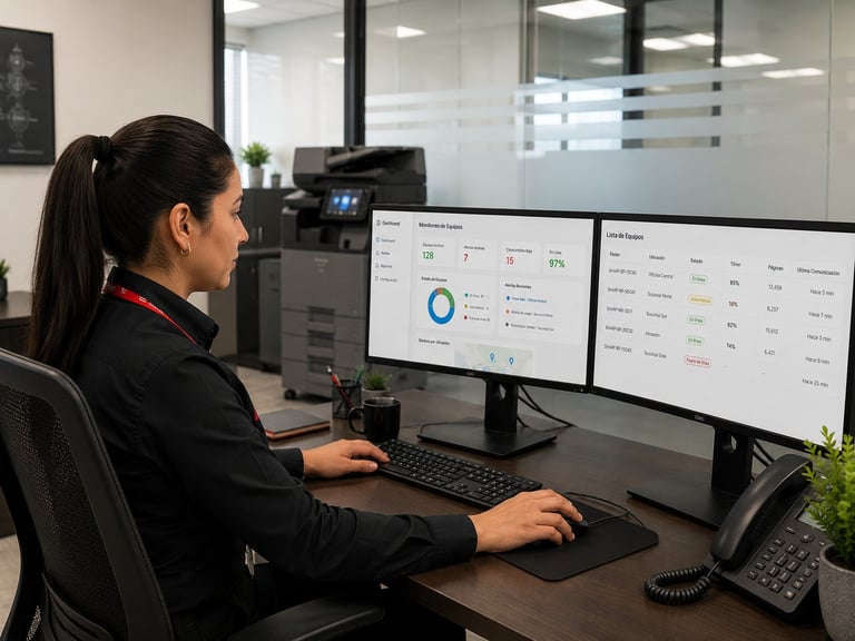Woman working at desk with dual monitors displaying data analytics dashboards in modern office setting