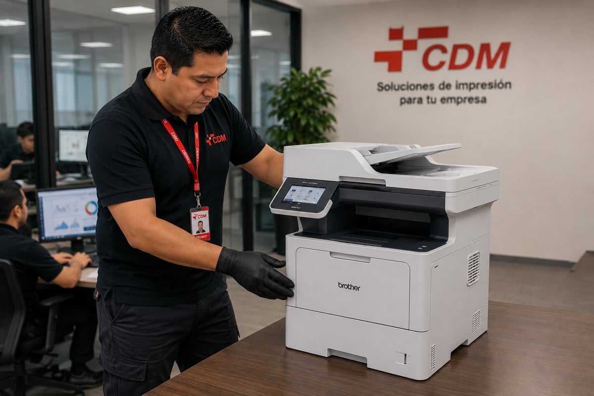 Man in black CDM polo shirt demonstrating a Brother multifunction printer in an office with CDM signage on wall