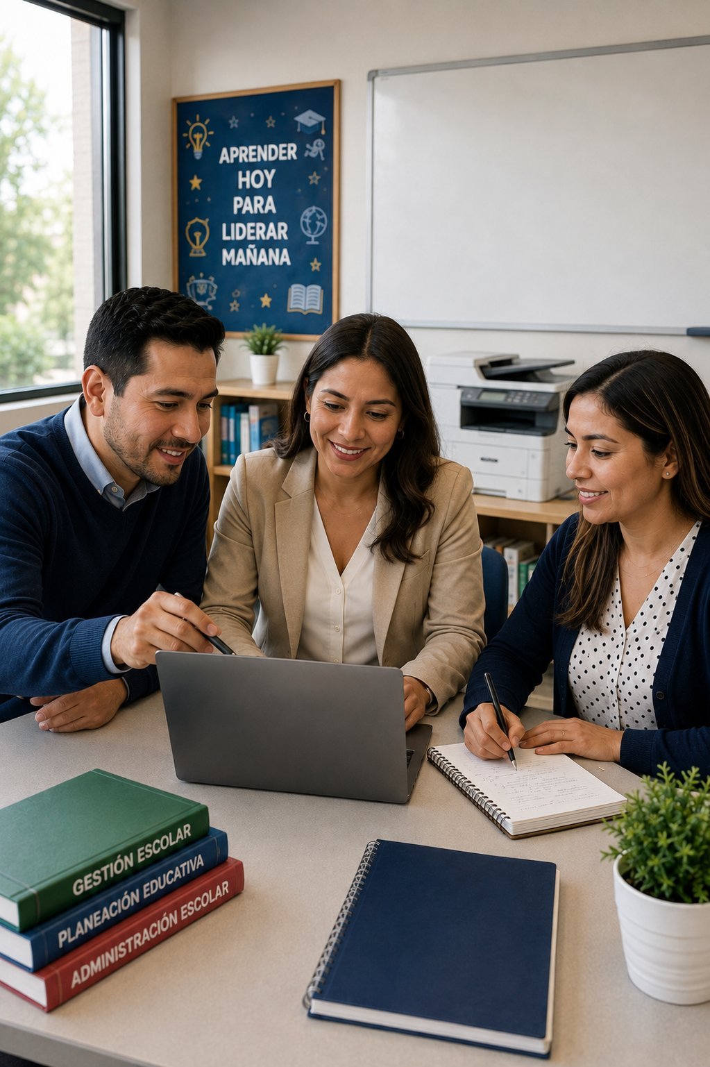 Three educators reviewing a laptop in a classroom with books, notebooks, and a motivational Spanish poster on the wall