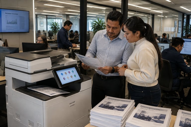 Two professionals reviewing printed documents near a multifunction printer in a modern office workspace with colleagues visible in the background.