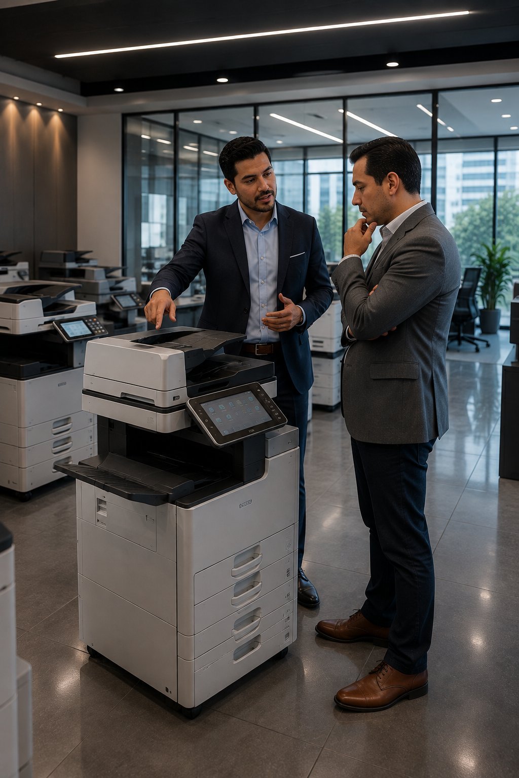Two businessmen in suits having a discussion by a multifunction printer in a modern office with glass partitions and city views