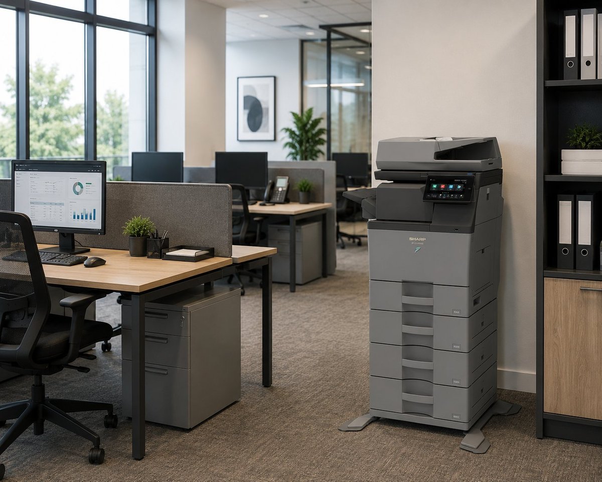 Modern office workspace with large multifunction printer, desk workstations, computer monitors, and professional furniture