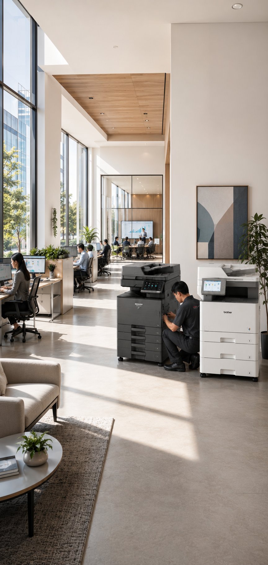 Modern office interior with employees working at desks, multifunction printers, natural light from large windows, and wooden ceiling details