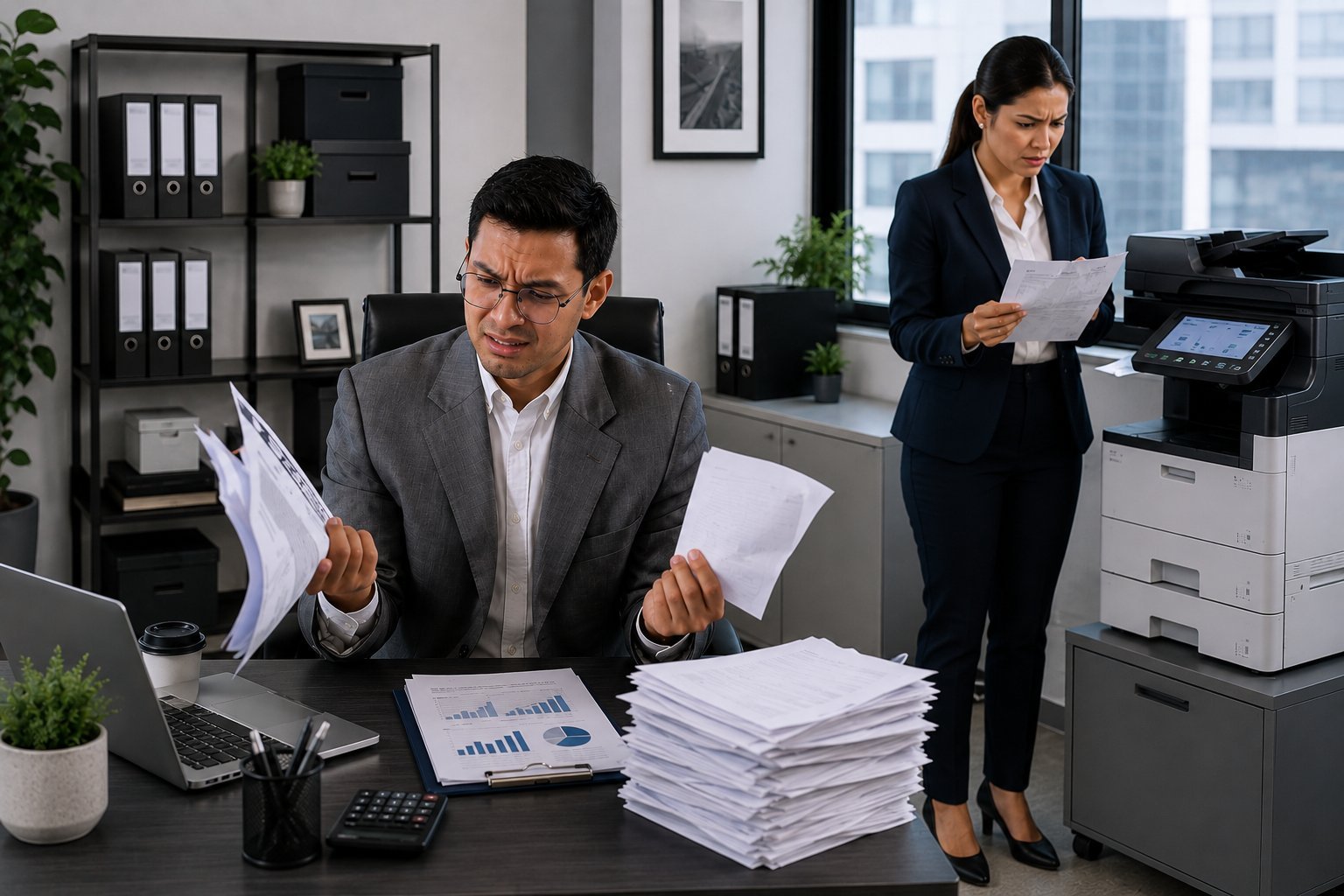 Two business professionals in a modern office reviewing documents and spreadsheets at a desk