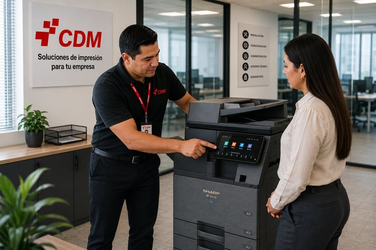 CDM employee demonstrating multifunction printer to female client in modern office with company branding visible