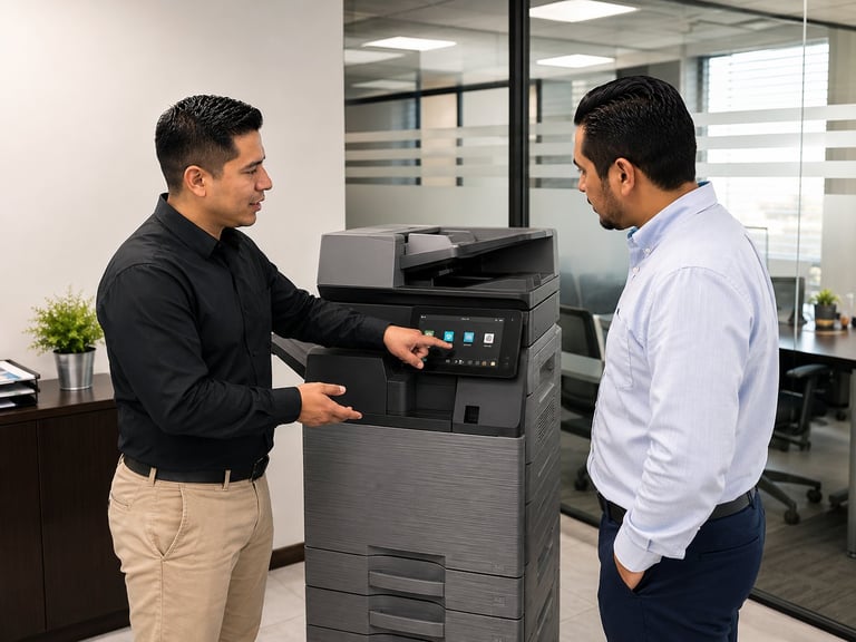 Two men in business attire discussing by a multifunction office printer in a modern office setting