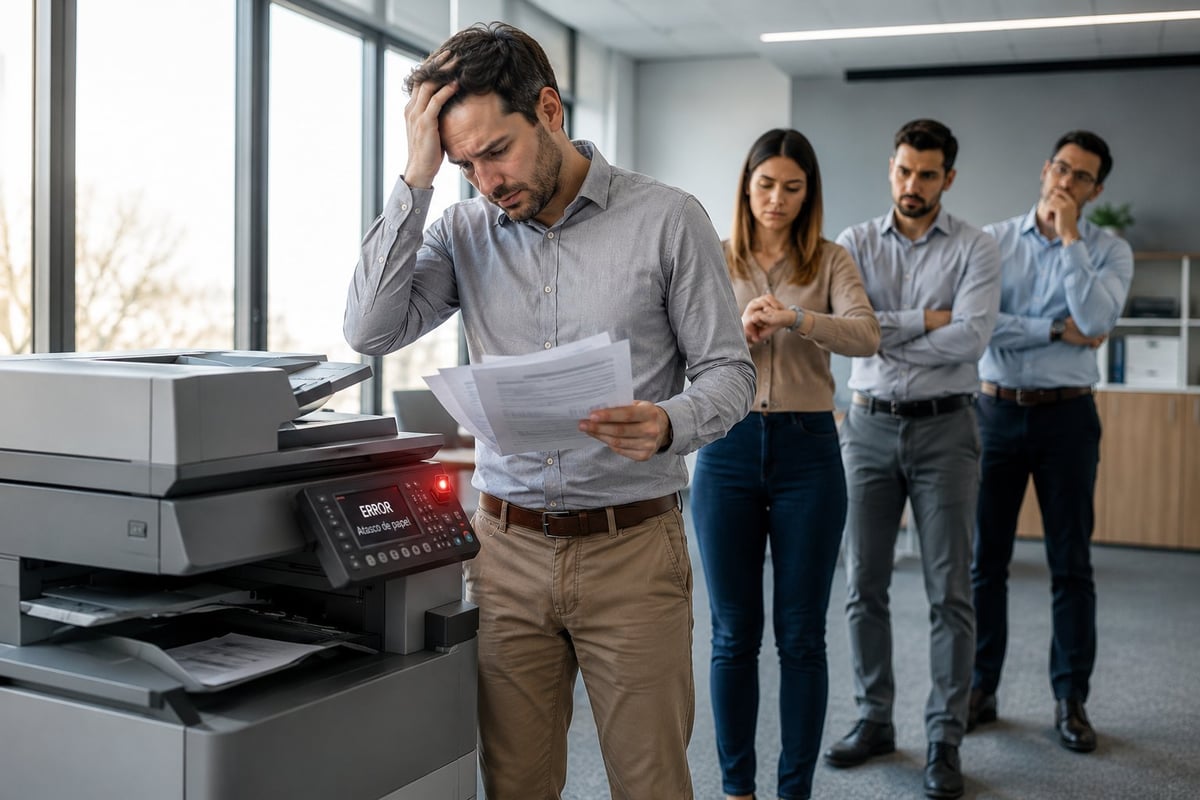 Man in office holding papers near printer looking stressed while colleagues stand waiting in background