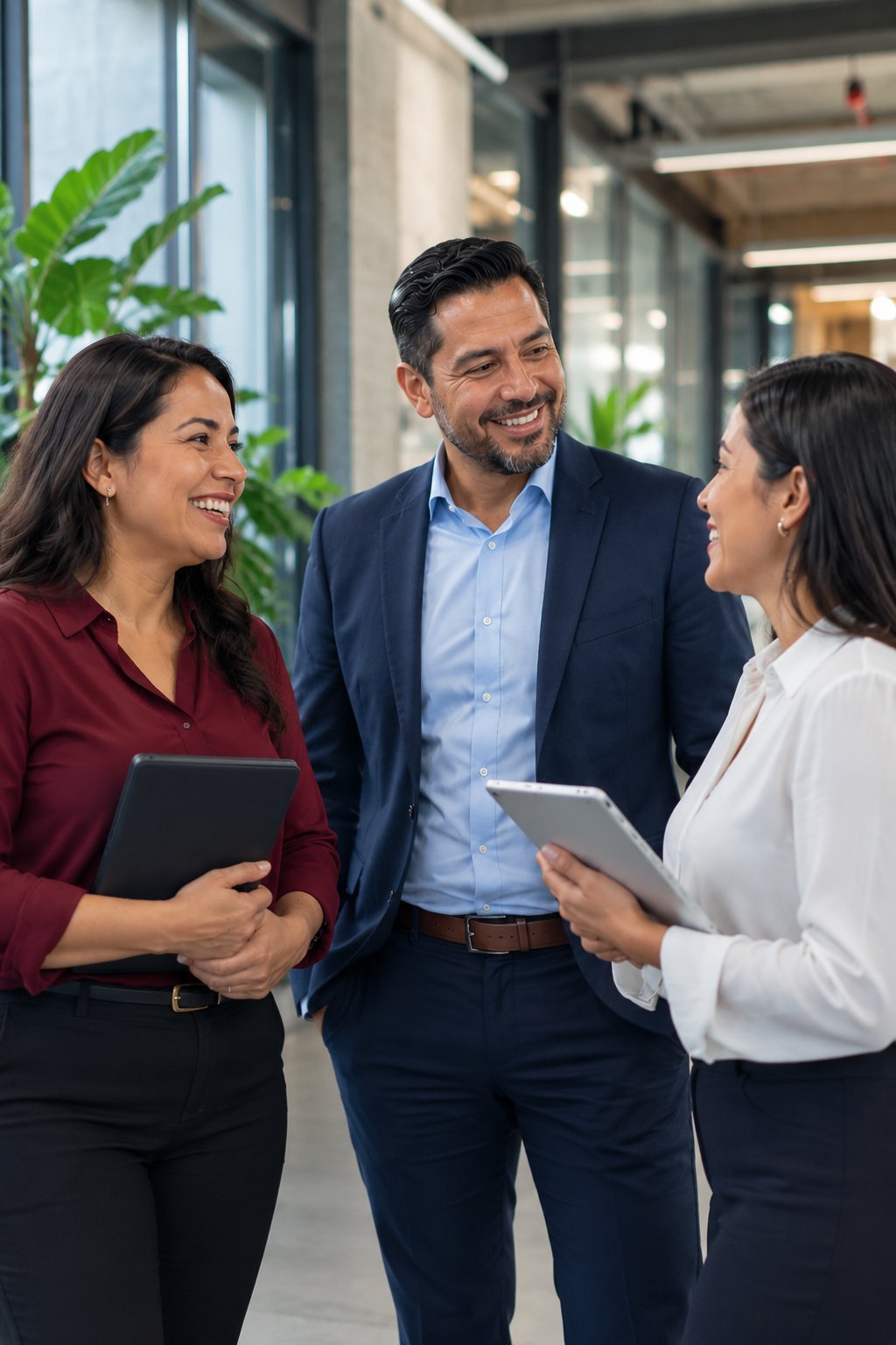 Three business professionals smiling while talking in a modern office hallway with plants and glass partitions