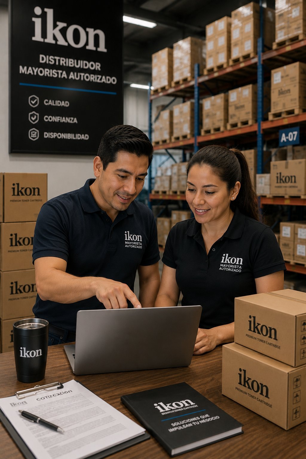 Two Ikon employees in branded shirts working together at a laptop in a warehouse with shelved inventory boxes