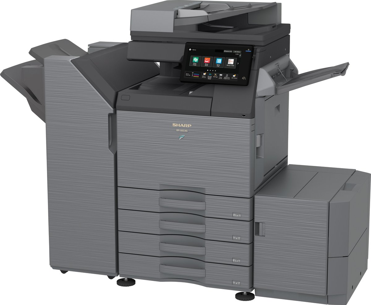Multifuncional Sharp BP-50C45 gris con bandeja de papel abierta y panel táctil