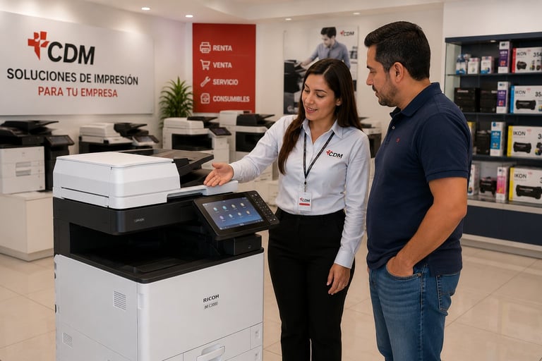 Woman in white coat demonstrating multifunction printer to man in blue shirt in CDM office showroom