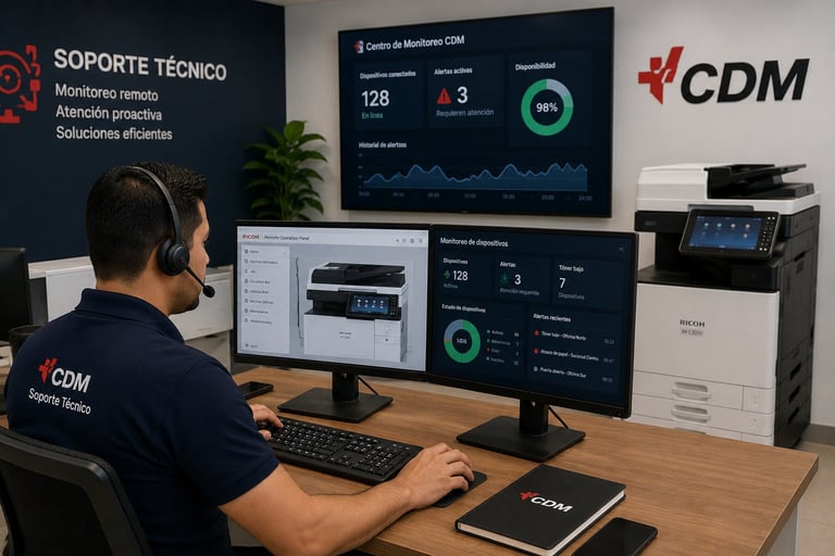 CDM technical support staff monitoring system performance on multiple display screens at a wooden desk