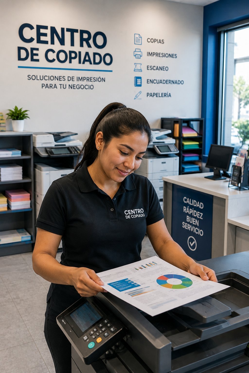 Employee at Centro de Copiado examining printed materials at a copy machine in a printing services office