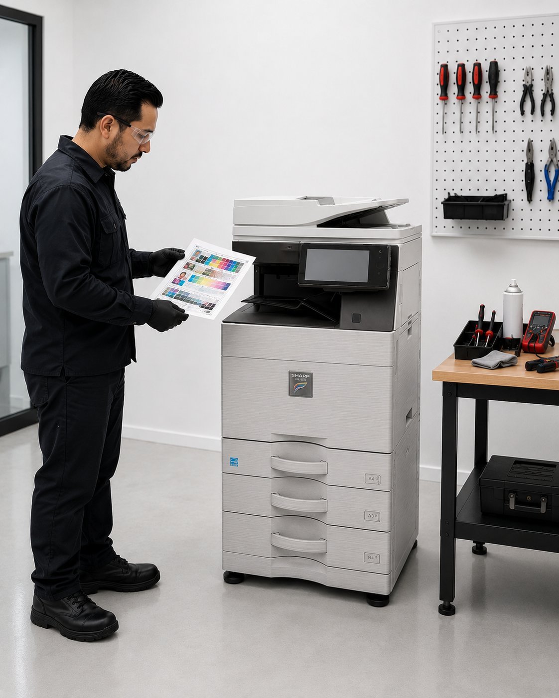 Man in black clothing examining color test print next to large office multifunction printer in a workshop setting