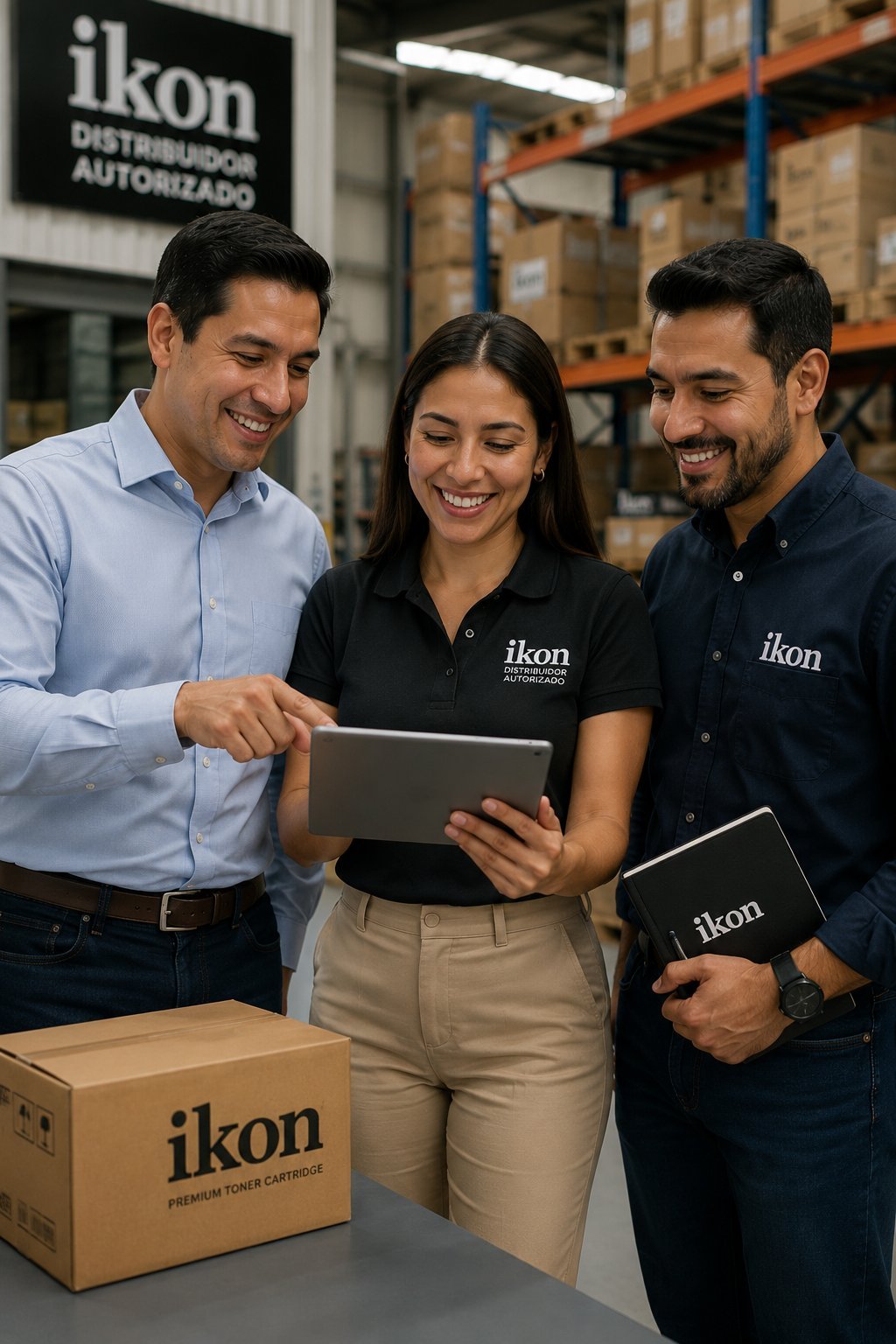 Three smiling employees in an Ikon warehouse reviewing a tablet together, with shelves and branded boxes visible in background