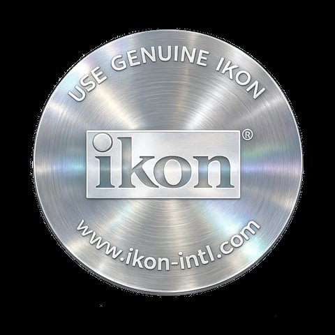 Circular metallic Ikon brand hologram sticker with brushed aluminum finish and authentication details