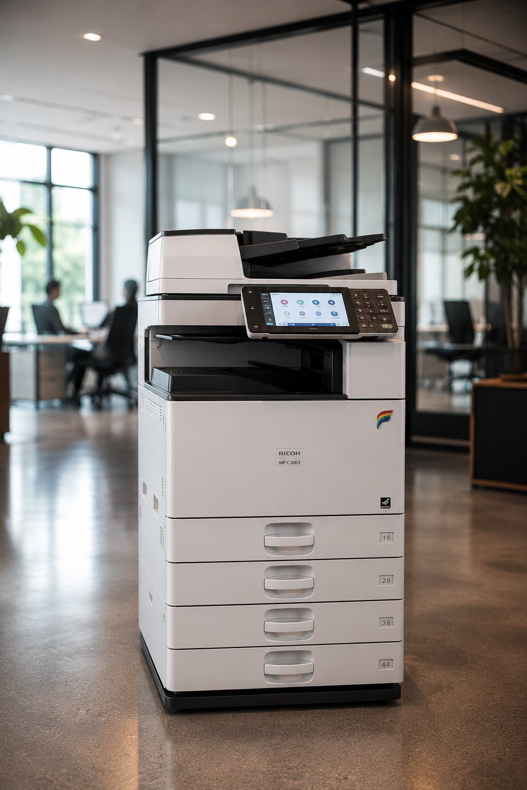 Ricoh multifunction office printer with white body and black accents in a modern office space with glass partitions